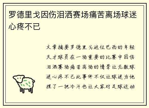 罗德里戈因伤泪洒赛场痛苦离场球迷心疼不已 罗德里戈因伤泪洒赛场痛苦离场球迷心疼不已