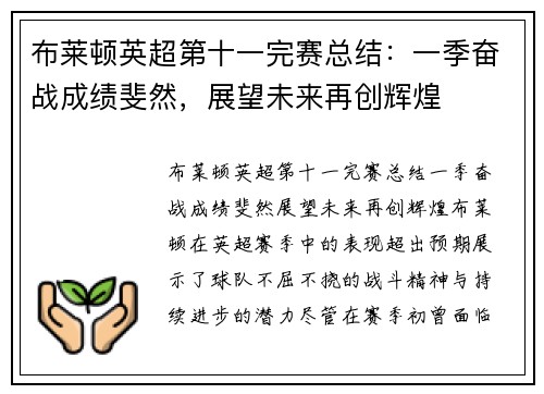 布莱顿英超第十一完赛总结:一季奋战成绩斐然,展望未来再创辉煌 布莱顿英超第十一完赛总结:一季奋战成绩斐然,展望未来再创辉煌